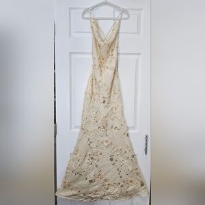 Beaded Sequin Cowl Beige Maxi Dress